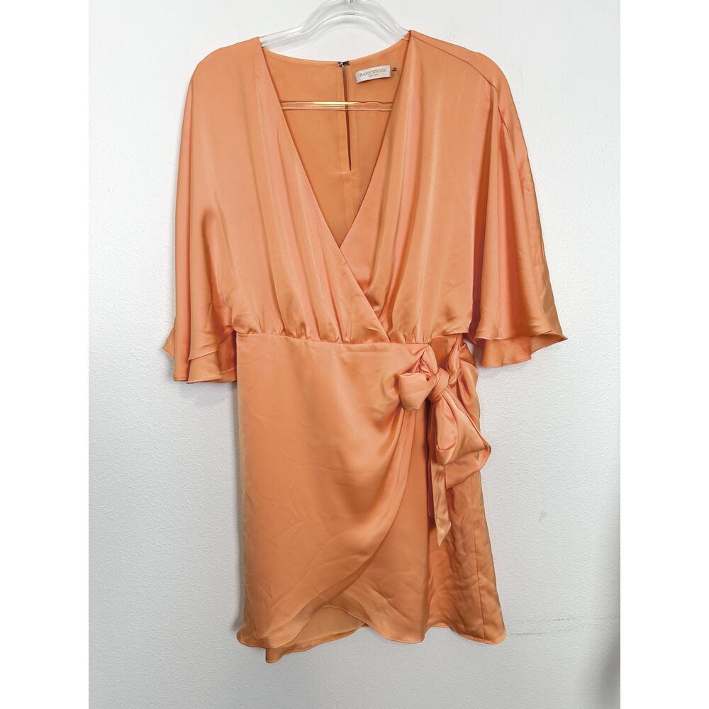 Ramy Brook Peach Satin Dress Womens 8 Wrap Mini Flutter Sleeve Bow Party M - Picture 6 of 12